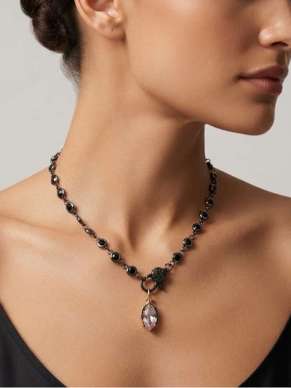 New  Black Rhodium Diamond-by-the-Yard 18" Necklace w/ Custom Clasp & Pendant